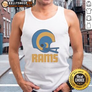Alt Text: Official Los Angeles Rams football logo displayed on a big helmet tank top, perfect for fans and game day wear.