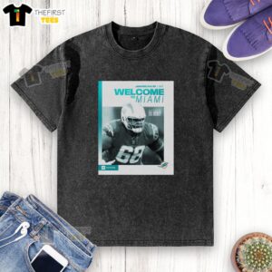 Alt Text: Hot Jamaree Salyer Miami Dolphins Welcome to Miami washed t-shirt featuring vibrant team colors and logo design.