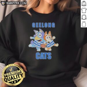 Fans in Nice Bluey Bingo outfits cheer for Geelong Cats in rugby sweatshirts at a football match.