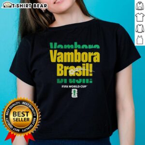 Top FIFA World Cup Vambora Brazil 2026 ladies tee showcasing vibrant design for soccer fans and stylish supporters.