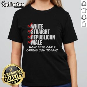 Alt Text: Premium white straight Republican male tee with humorous How else can I offend you today? slogan for casual wear.