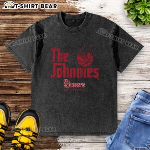 Alt Text: Top St. Johns Basketball The Johnnies washed T-shirt in red, perfect for fans supporting their team.