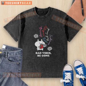 Alt Text: Premium Usagyuuun Bad Vibes Be Gone Black Washed T-Shirt featuring a stylish graphic design for a trendy look.
