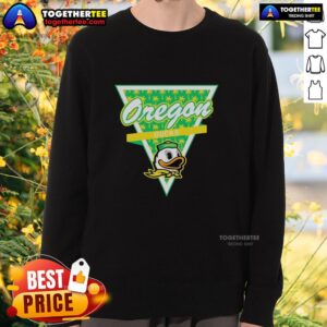 Nice Oregon Ducks football sweatshirt with palm tree pattern inside a triangle logo, perfect for fans and warm weather.