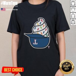 Official Texas Rangers Ice Cream Ladies Tee featuring vibrant team logo and fun ice cream graphic for fans.