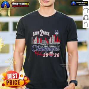 UConn Huskies Big East Women's Basketball Champions 2026 Back-to-Back Player Skyline T-Shirt for fans and supporters.