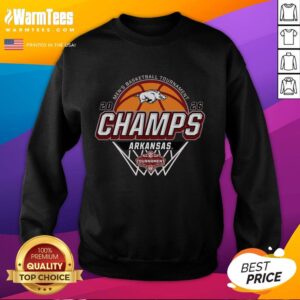 Arkansas Razorbacks Blue 84 sweatshirt celebrating 2026 SEC Men's Basketball Tournament champions in locker room.