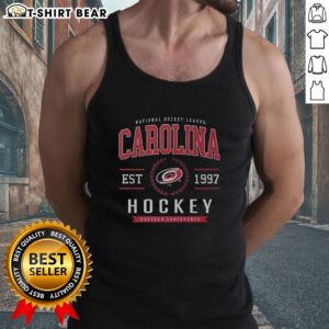 Alt Text: Stylish Carolina Hurricanes hockey legacy crest tank top, perfect for fans showcasing team spirit in summer wear.