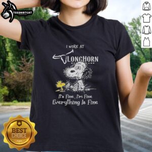 Original Snoopy and Woodstock Texas Longhorn tee featuring 'I Work At It's Fine I'm Fine Everything Is Fine' design.