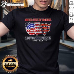Original Chicago Sport Teams USA 250th Anniversary 1776-2026 Map Flag T-Shirt featuring iconic team logos and designs.