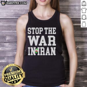 Stop the War in Iran tank top design featuring bold graphics and a strong message against military action in Iran.