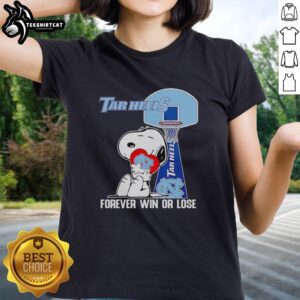 Alt Text: Original Snoopy holding a North Carolina Tar Heels heart, showcasing 'Forever Win or Lose' on a ladies tee.