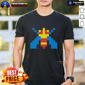 Alt Text: Top Galaga alien sprite video game pixel style T-shirt featuring retro gaming design and vibrant colors.