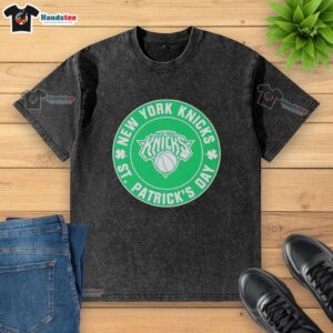 Premium New York Knicks St. Patrick's Day shamrock green washed t-shirt featuring team logo and festive design.