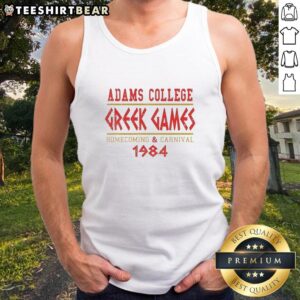 Nice Adams College Greek Games Homecoming and Carnival tank top from 1984 featuring vibrant colors and festive design.