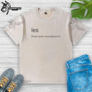 Alt Text: Official Les Love Eom Seonghyeon washed t-shirt featuring a stylish design, perfect for casual wear and fans.