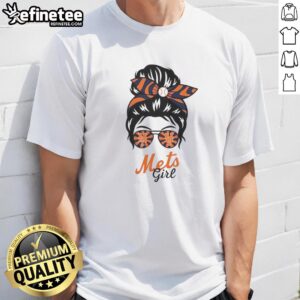 Official New York Mets Girl Messy Bun Glasses T-Shirt featuring a stylish design perfect for Mets fans.