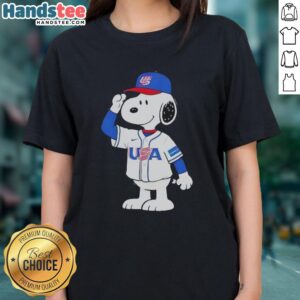 Nice Snoopy USA Baseball Jersey Salute Graphic Ladies Tee featuring a fun Snoopy design perfect for baseball fans.