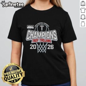 Official Troy Trojans Men's Basketball Tournament Champions 2026 Ladies Tee featuring team logo and vibrant design.