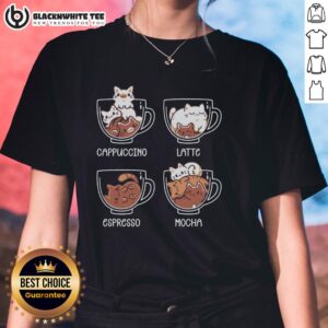 Stylish ladies' tee featuring a cute cat and coffee design, perfect for cat lovers and coffee enthusiasts.