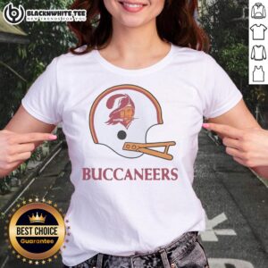 Alt Text: Top Tampa Bay Buccaneers football logo on a large helmet graphic printed on a ladies tee shirt.