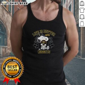Pretty Snoopy wearing a Denver Nuggets tank top, showcasing Warriors logo with the phrase 'Life is Better with Nuggets'.