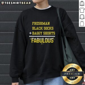 Premium Freshman black socks paired with baggy shorts and a fabulous sweatshirt for a trendy casual look.