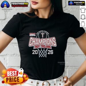Alt Text: Nice Troy Trojans 2026 Sun Belt Men's Basketball Tournament Champions Ladies Tee showcasing team spirit and victory.