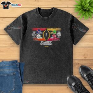 2026 College Football Playoff Semifinal Matchups Wash T-Shirt featuring Ole Miss, Oregon, Miami, and Indiana teams.