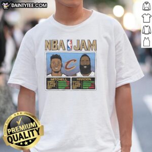Hot NBA Jam Cavs Mitchell and Harden T-shirt featuring vibrant graphics of star players in action.