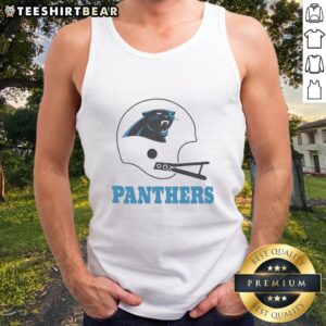 Alt Text: Awesome Carolina Panthers football logo featured on a big helmet tank top, perfect for fans and summer wear.