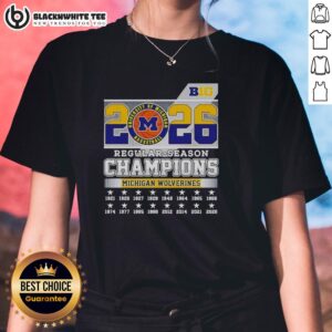 Original Michigan Wolverines NCAA Basketball Big 10 2026 Champions Ladies Tee featuring team colors and logo.