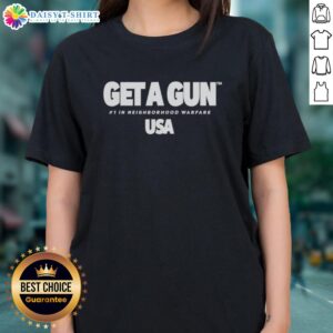 Awesome Geta Gun Tm 1 Neighborhood Warfare USA text ladies tee showcases stylish design and vibrant colors for casual wear.