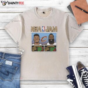 Hot NBA Jam Cavs Mitchell and Harden washed t-shirt showcasing vibrant graphics of basketball legends.