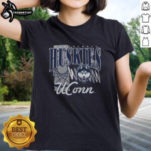 Premium UConn Huskies Basketball graphic ladies tee featuring vibrant team colors and logo, perfect for fans and casual wear.