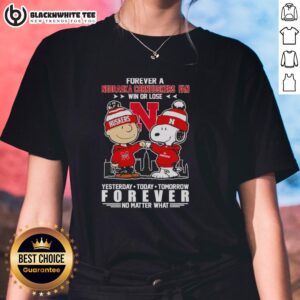 Original Charlie Brown Touch Hand Snoopy Forever Nebraska Cornhuskers fan ladies tee, perfect for game day.