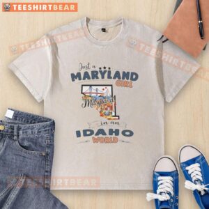 Alt Text: Maryland girl in Idaho world state map outline washed t-shirt showcasing a stylish, casual design for travel lovers.