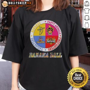 Hot Bananas Ball logo featuring party animals, firefighters, and tailgaters on a ladies tee, perfect for fun gatherings.