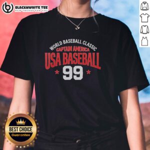 USA Baseball 99 Stars Ladies Tee featuring Captain America design for the World Baseball Classic.