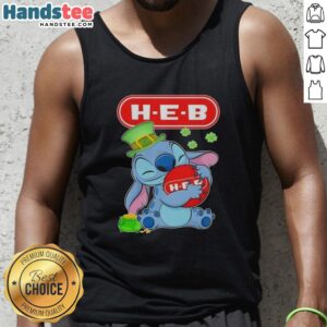 Cute Stitch Hug tank top featuring H-E-B logo in festive St. Patrick's Day design, perfect for holiday celebrations.