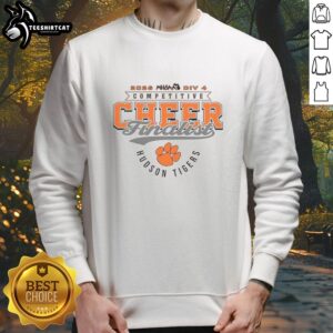 Official Hudson Tigers 2026 MHSAA Cheer Division 4 Finalist Sweatshirt showcasing team spirit and pride in vibrant colors.