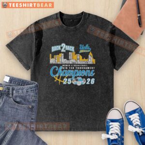 Alt Text: Premium UCLA Bruins Big Ten Womens Basketball Champions 2026 Back 2 Back Player Skyline Washed T-Shirt design.