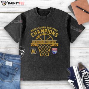 Alt Text: Hot Goldsboro Cougars NCHSAA 3A Girls Basketball Champions 2026 curved washed t-shirt design featuring team colors.