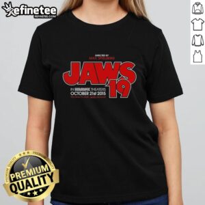 Original Directed By Max Spielberg Jaws 19 Ladies Tee featuring iconic shark graphic and stylish design for fans.