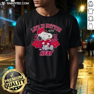 Alt Text: Snoopy holding Miami Heat logo on a 'Life Is Better With Heat' T-shirt, perfect for basketball fans.