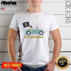 Alt Text: Premium Snoopy and Woodstock driving car on 'Let's Go Savannah Bananas' T-shirt, perfect for fans and collectors.