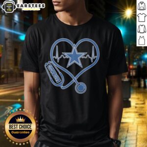 Good Nurse Heartbeat X Dallas Cowboys Logo T-Shirt featuring a heartbeat line and Cowboys logo, perfect for fans.