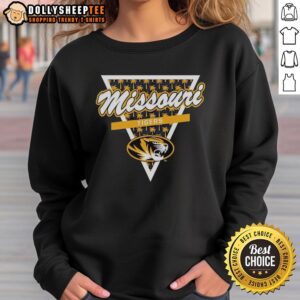 Alt Text: Hot Missouri Tigers football sweatshirt featuring a palm tree pattern inside a triangle logo, perfect for fans.