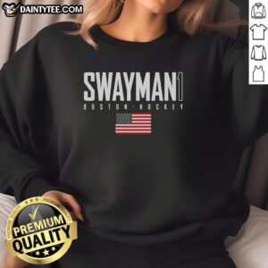 Alt Text: Cute Jeremy Swayman in Boston Bruins sweatshirt featuring USA flag design, perfect for hockey fans and style.