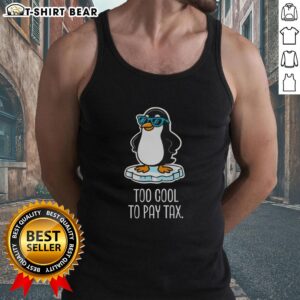 Top penguins against tariffs in a stylish tank top, showcasing their cool attitude towards taxes and financial freedom.